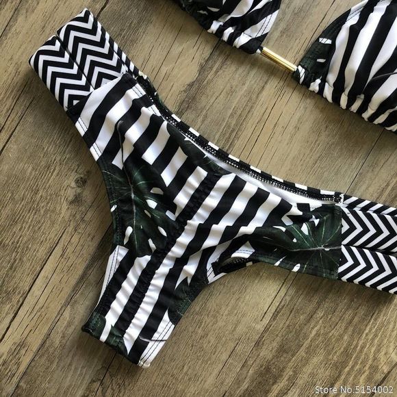 Striped Tropical Leaf Jungle Bikini S - Picture 2 of 7